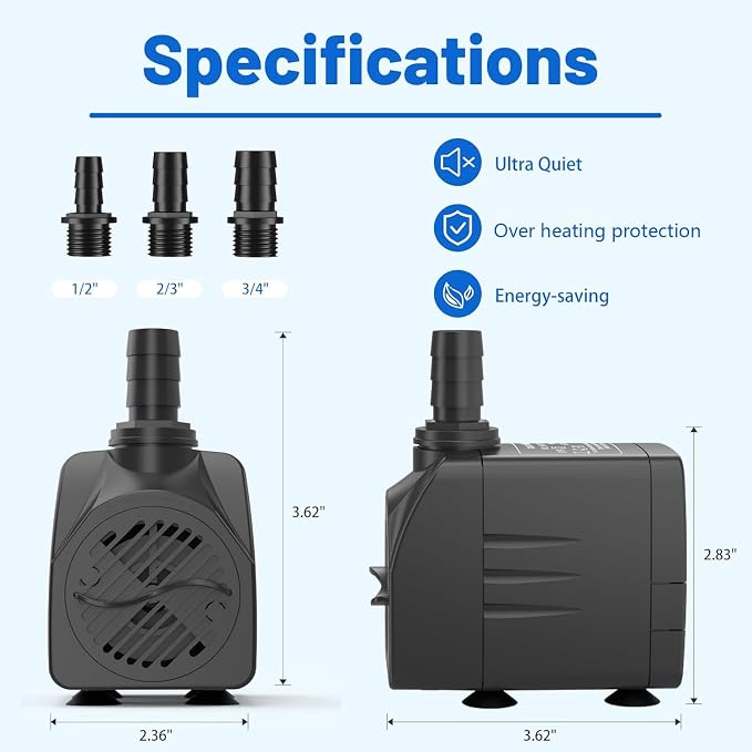 Submersible Water Pump, Ultra Quiet 400GPH Fountain Pump | 6.5ft High Lift Over Heating Protection, Water Pump for Fish Tank, Pond, Aquarium, Hydroponics