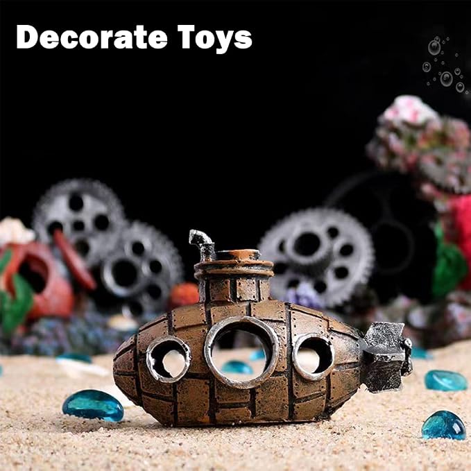 Submarine Aquarium Ornament, Resin Fish Tank Hideout Cave for Shrimp | Compact fish tank cave decor for small fish and shrimp in freshwater and saltwater aquariums