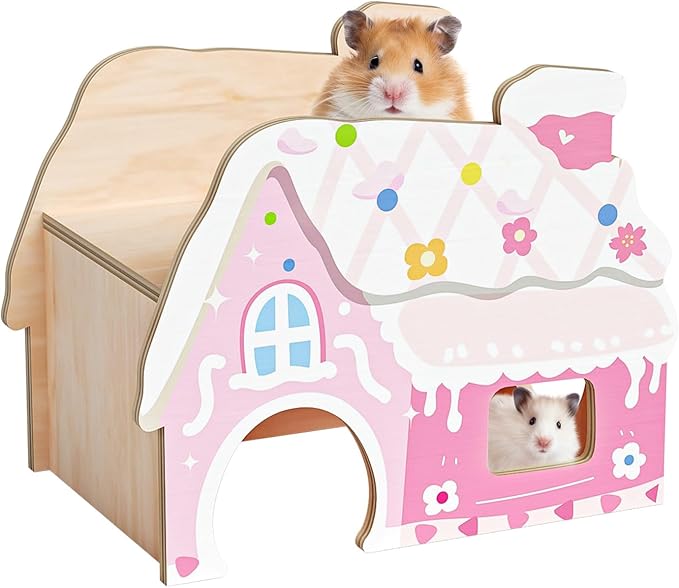 mini&moe Hamster Hideout - Wooden Hamster House Multiple Entrances Small Animal Habitat Cage Accessories & Decor for Syrian Dwarf Gerbils Rat Mouse