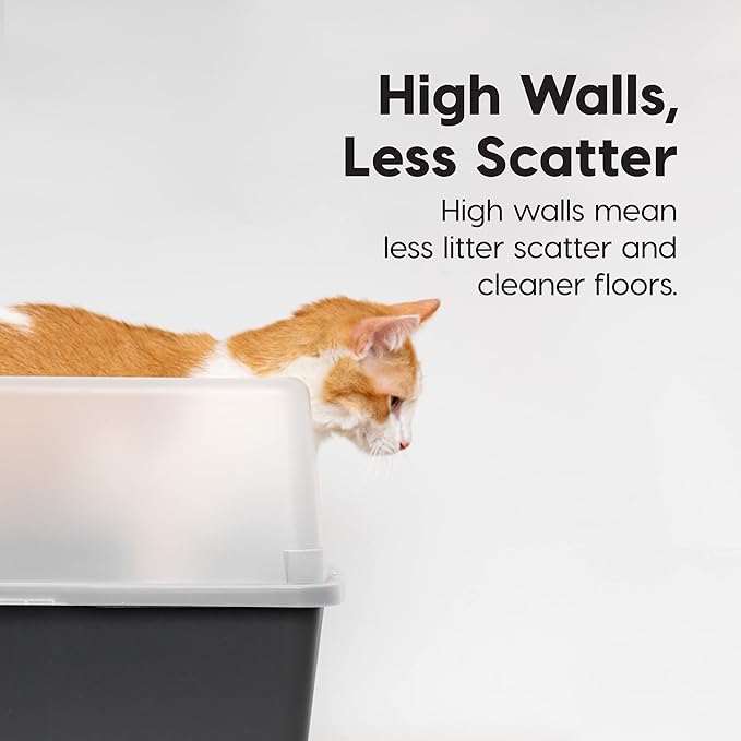 IRIS USA Cat Litter Box Large Open Top with High Sided Walls Tall Scatter Shield Scoop Included Easy Clean Plastic Pan Stain Resistant for Cats Kittens Indoor Multi-Cat Households 2-Pack Black