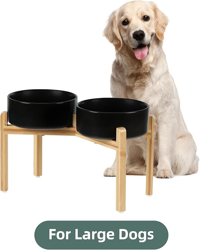 Havniva Ceramic Raised Double Bowls Set with Stand, Food & Water Bowls for Large Breed Dogs, Weighted Dog Dishes, Pet Bowl(8.2'',60OZ, Black)