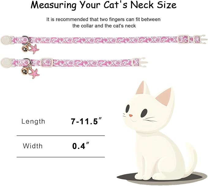 2 Pack Pink Cat Collars - Summer Breakaway Girl Cat Collars, Adjustable Kitten Safety Collar for Small Dogs Puppy, Cute Plaid & Mermaid Pet Collar with Bell & Pendant