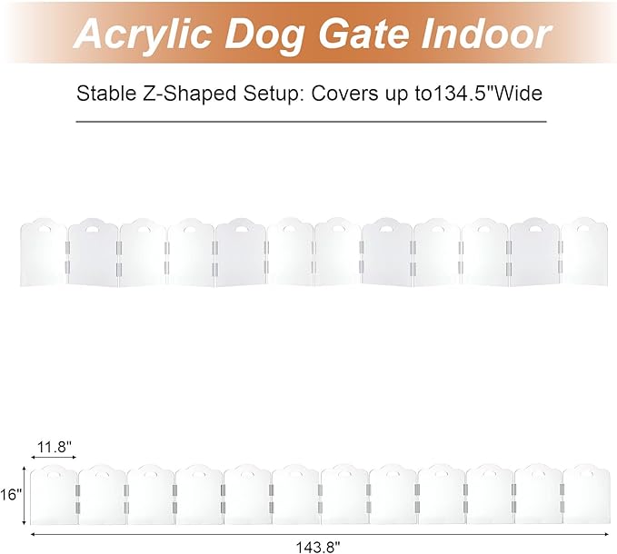 Transparent Acrylic Dog Gate Indoor, Free-Standing Pet Gate, 16" Height (Size S) Foldable 12 Modular Panels, Dog Fence for Doorways, Hallways, Stairs, No Drilling, Perfect for Puppies and Small Pets