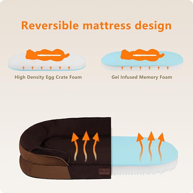 Dwanton Orthopedic Dog Bed for Medium Dogs with Gel Memory Foam, Waterproof Dog Sofa, Washable Pet Bed with Four Sided Bolster Cushion, Removable Cover & Non-Slip Bottom, 36", Brown