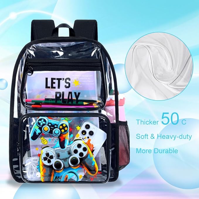 KLFVB 3PCS Clear Backpack for Girls and Boys, Kids See Through Backpacks Stadium Approved, Transparent Bookbag for Elementary