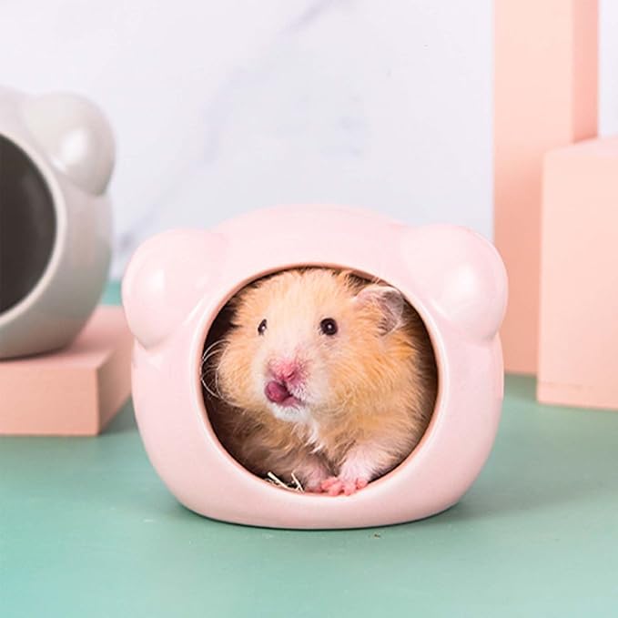 Cool Hamster House Small Animal Habitat Décor, Bear-Shaped Mini Ceramic Hamster Hideout Cave for Dwarf Hamsters (Green, S)