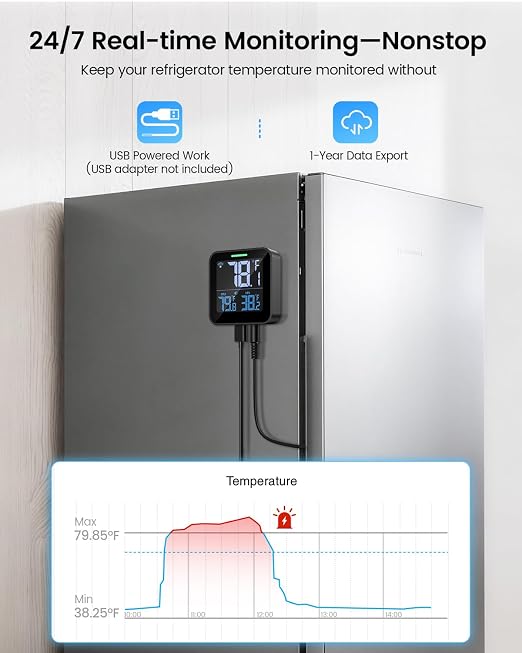 WiFi Refrigerator Thermometer, Freezer Alarm with LCD Display | Digital fridge monitor with app alerts & buzzer & indicator alarm, anti-false for kitchen, fish tank and hot tub, 2.4G Wi-Fi