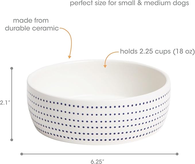 Pearhead Ceramic Dog Bowl – Modern Blue Dot Stoneware Pet Food & Water Bowl for Small Dogs, Weighted Non-Plastic Dog Feeding Dish, Small/Medium 2.25 Cups/ 18 oz