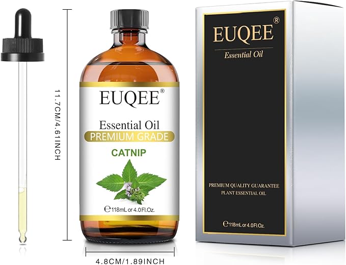 EUQEE 118ML Catnip Essential Oil, Pure & Fresh Herbal Aroma Catnip Essential Oil with Glass Dropper Great for Air Refresher, Massage, Diffuser, DIY Soap, Candle Making, Aromatherapy, Sleep