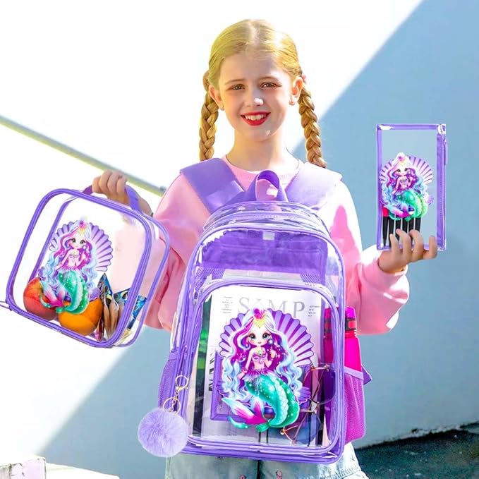 Clear Backpack for Girls and Boys, Kids Transparent Bookbag, 3PCS Cute See Through School Bag for Elementary Prechool