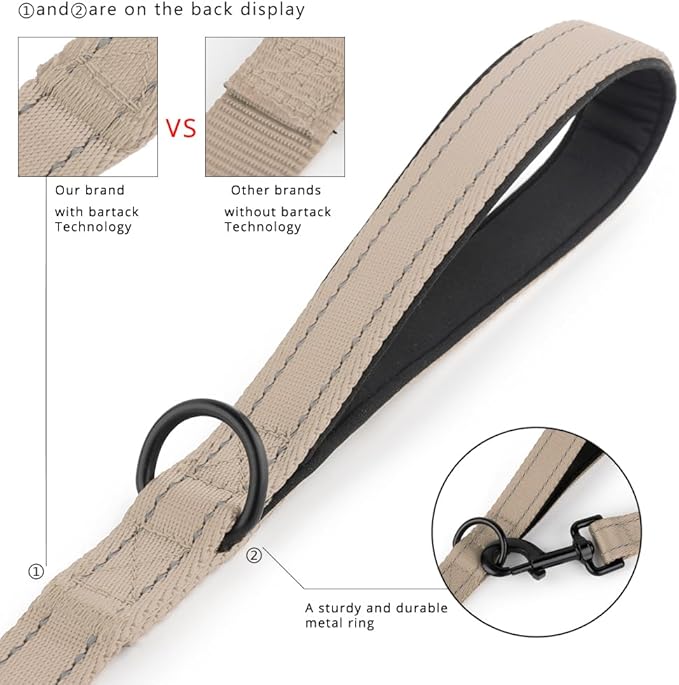 Plutus Pet Double Handle Dog Leash 5ft, Heavy Duty, Reflective Dual Handle Dog Leash for Safety Training, for Medium Large Dogs,2 Handle Leads(Beige)