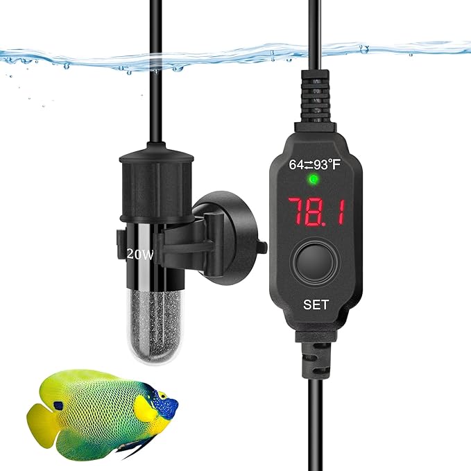 YOFOTHS Adjustable Mini Aquarium Heater 0.5/1/2/3 Gallon Submersible Small Fish Tank Heater 10W/20W/30W Digital Display Thermostat External Temperature Controller(20W)