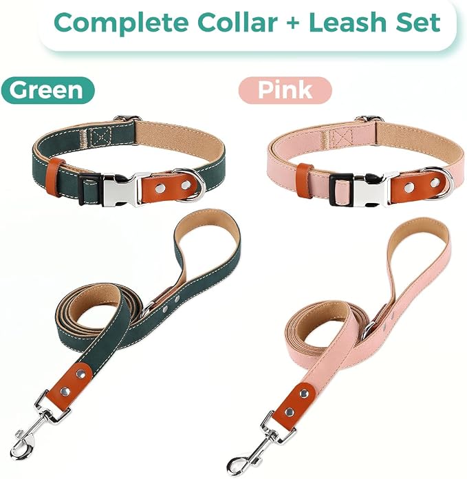 Dog Collar and Leash Set, PU Leather Dog Collar – Adjustable Eco-Friendly with Genuine Leather & Hemp, Soft Breathable Dog Collar Set for Small to Large Dogs(Green, S（10“-16”）)