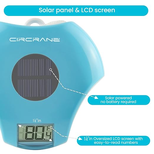 Circrane Solar Digital Pool & Spa Thermometer, Weather Resistant Floating Thermometer, IPX-8 Water Proof, 10s Measuring Cycle, Solar Powered with 270 Days Battery Life, Blue