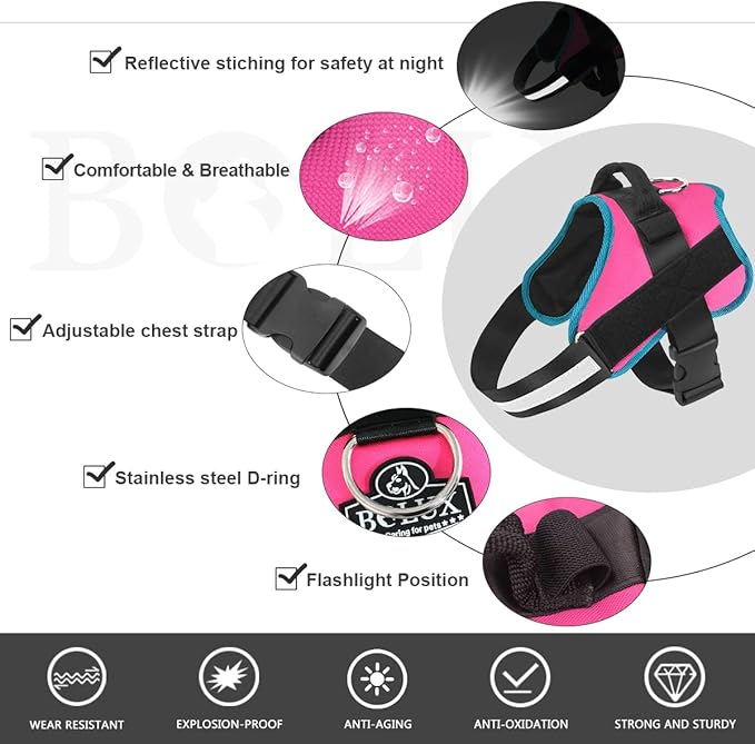 Bolux Dog Harness, No-Pull Reflective Dog Vest, Breathable Adjustable Pet Harness with Handle for Outdoor Walking - No More Pulling, Tugging or Choking X-Large (Pack of 1) RoseTurquoise
