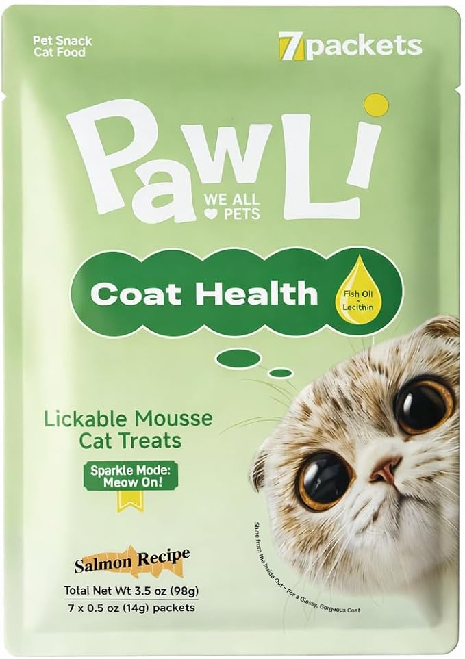 PAWLI Skin & Coat Lickable Cat Treats, Squeeze Cat Treats for Shedding Control & Healthy Fur, Cat Treats for Skin and Coat Support, Grain-Free, 7 Count (3.5 oz Total)