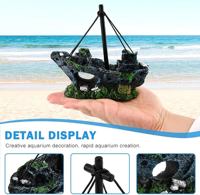 7pcs Fish Tank Decorations,Sunken Ship,Aquarium Artificial Plastic Plants | Aquarium Shipwreck x 1pc, Aquatic Plants x 6pcs,Goldfish Betta Fish Tank Accessories Small Large Fish Bowl Ornaments