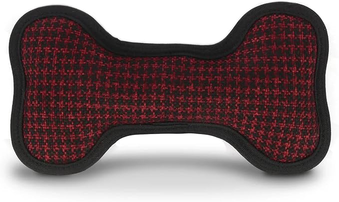 P.L.A.Y. Stuffed Dog Toys, ECO Bones - Extra Durable Squeaker Chew Toy, Great for Teething Puppies & Small, Medium, Large Dog Breeds - Machine Washable, Recycled Materials (Red Houndstooth, Small)