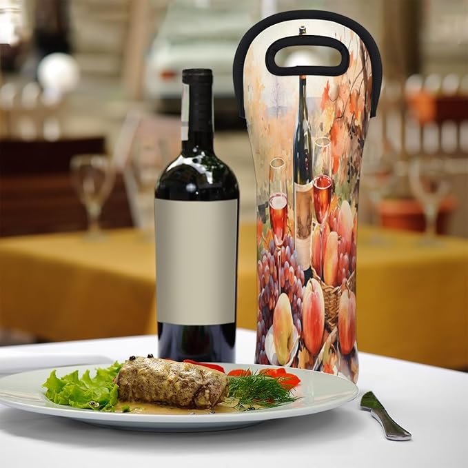 Grapes Wine Pattern Wine Bag Single Bottle Wine Tote Bag Neoprene Wine Carrier Bags with Carry Handle Portable Wine Bottle Holder for Travel Party Picnic