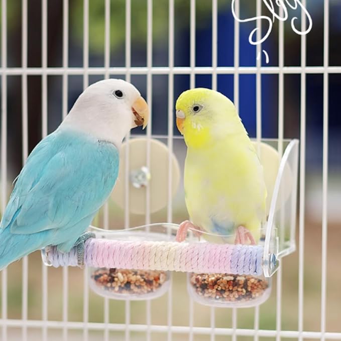 Seed Catcher Bird Feeder No Mess - Dual Bowl Cage Mount with Clear Acrylic, Colorful Hemp Rope Wrapping Wood Perch & Removable Acrylic Cups - for Budgies, Finches, Canaries, Parrotlets, Conures