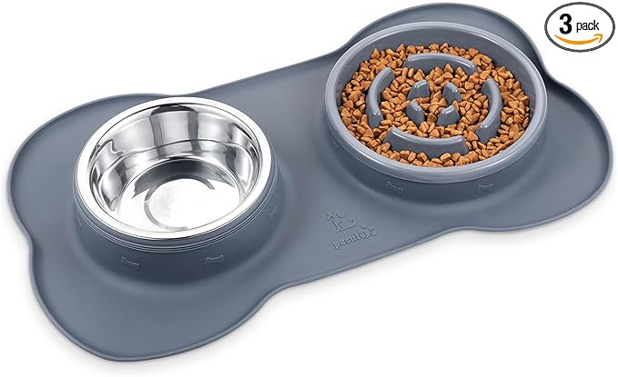 Pecute Slow Feeder Dog Bowls to Slow Down Eating, Dog Bowl Slow Feeder with No-Spill Non-Skid Silicone Mat, Food-Grade Safe Dog Food Bowls Slow Feeder, Stainless Steel Dog Water Bowl for Dogs Cats