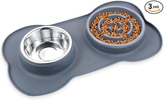 Pecute Slow Feeder Dog Bowls to Slow Down Eating, Dog Bowl Slow Feeder with No-Spill Non-Skid Silicone Mat, Food-Grade Safe Dog Food Bowls Slow Feeder, Stainless Steel Dog Water Bowl for Dogs Cats