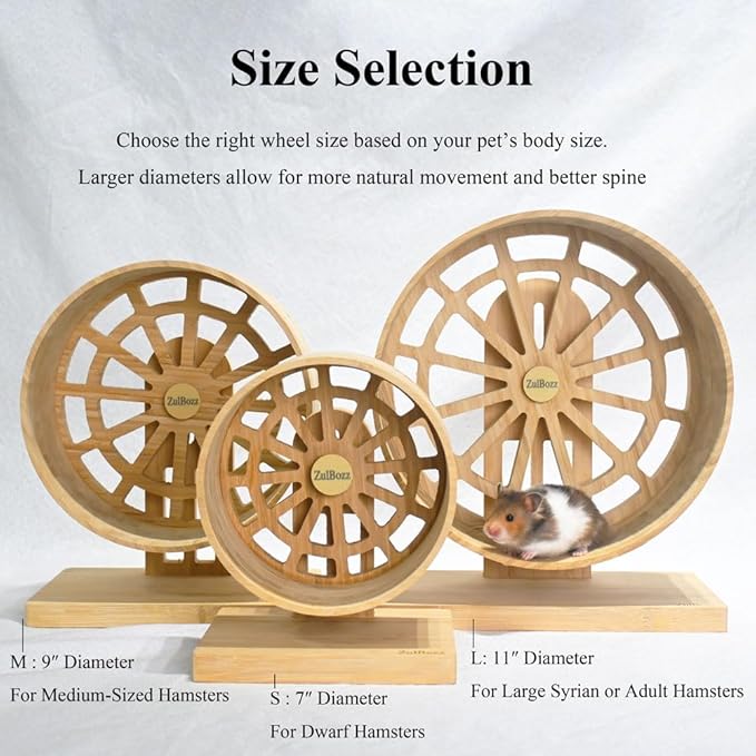 11" Large Silent Hamster Wheel, Bamboo Wood Exercise Wheel for Syrian Hamsters, Rats & Hedgehogs, Protects Spinal Health