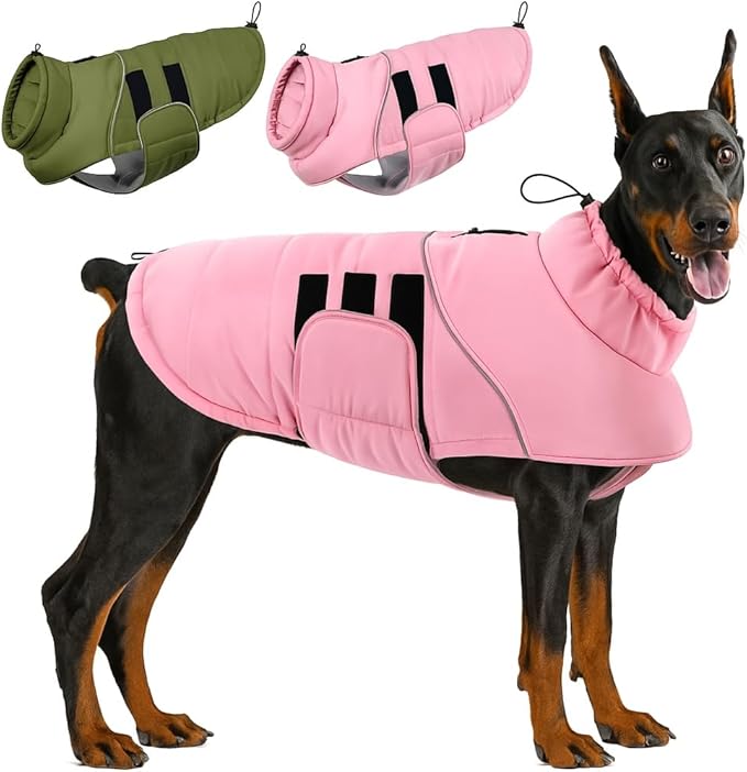 ASENKU Extra Warm Dog Coat - Fleece Reflective Puffer Jacket with Zippered Leash Hole for Large Dogs (Pink, XL)