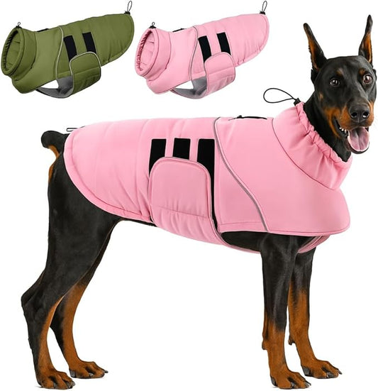 ASENKU Extra Warm Dog Coat - Fleece Reflective Puffer Jacket with Zippered Leash Hole for Large Dogs (Pink, XL)