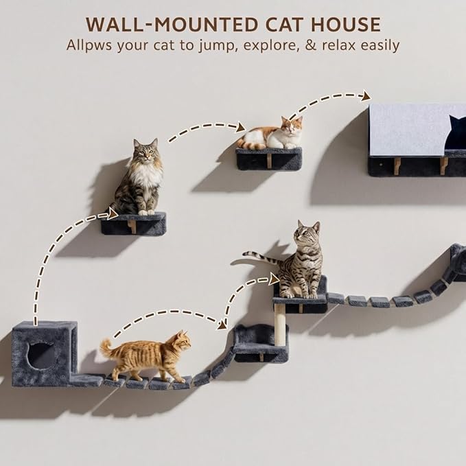 Cat Wall Shelves, Wall Mounted Cat Shelf Furniture with Plush Fabric(16 Piece Set), Cats Furniture with 40''L Tunnel, Condos, House, Steps, Bridge Ladder and Scratching Post, Grey