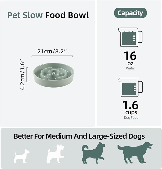 Havniva Ceramic 1.6 Cup Slow Feeder Dog Bowl for Medium and Large Breed, 8.2inch Puzzle Dog Food Dish, Anti-Gulping, Stop Bloat, Preventing Choking (Single Bowl-Light Green)