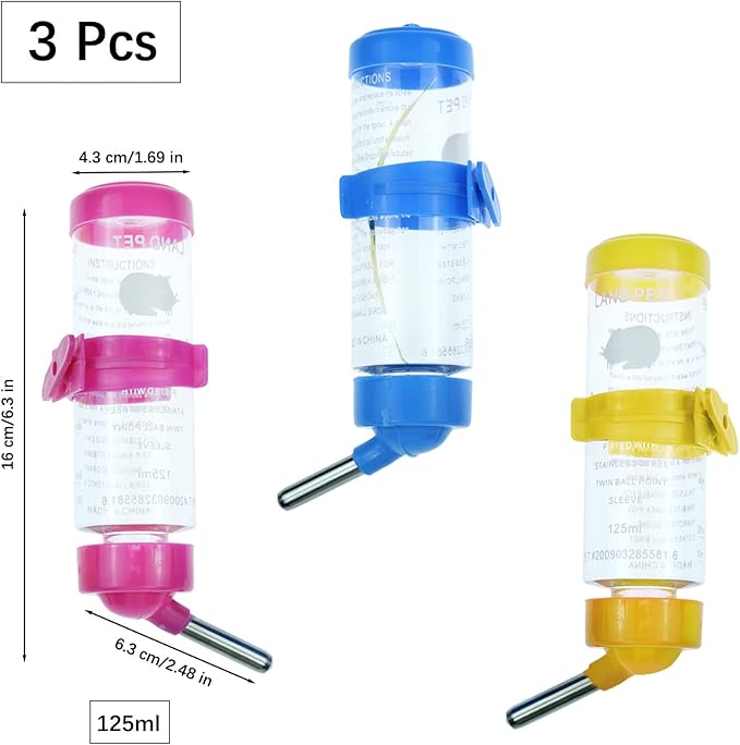 3 Pack Hamster Water Feeder Bottle, 125 ml No-Drip Small Animals Water Dispenser, Pet Hanging Water Bottle for Guinea Pigs, Bunny, Chinchillas, Rabbit