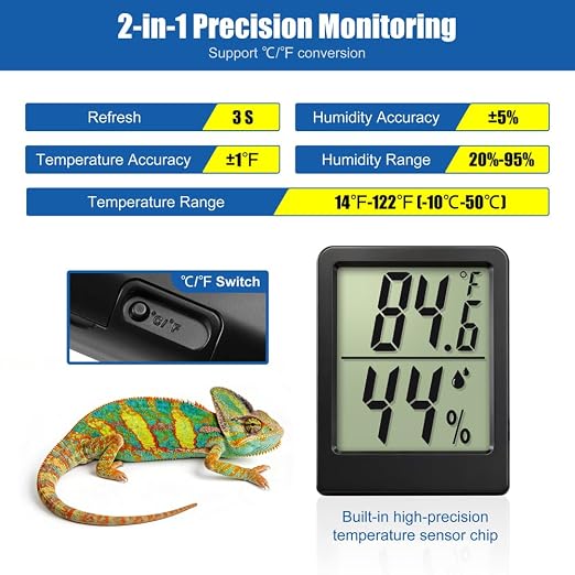 Reptile Thermometer Hygrometer LCD Digital Terrarium Thermometer and Humidity Gauge 2-in-1 Temperature and Humidity Monitor for Reptile Snake Tank Accessories Pet Rearing Box Bearded Dragon