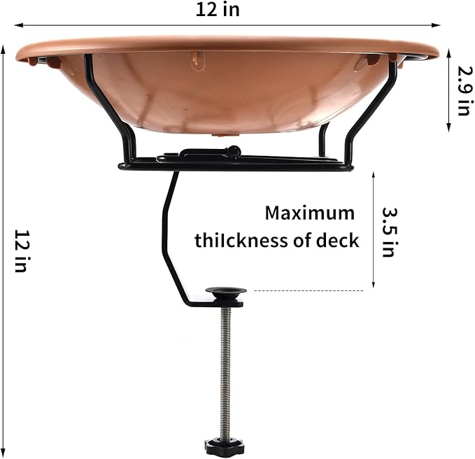 Jealoeur Bird Bath Deck Mounted 12 Inches, Deck Adjustable Steel Clamp 3.5 Inches, Balcony Railing Birdbaths Unheated(Brown)