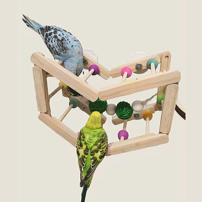 Wooden Bird Ladder Toy, 12 Inch Foldable Hardwood Parrot Climbing Bridge with Colorful Beads, 2 Pack Tri-Section Cage Accessories for Cockatiels, Conures, Lovebirds, 4 Inch Wide