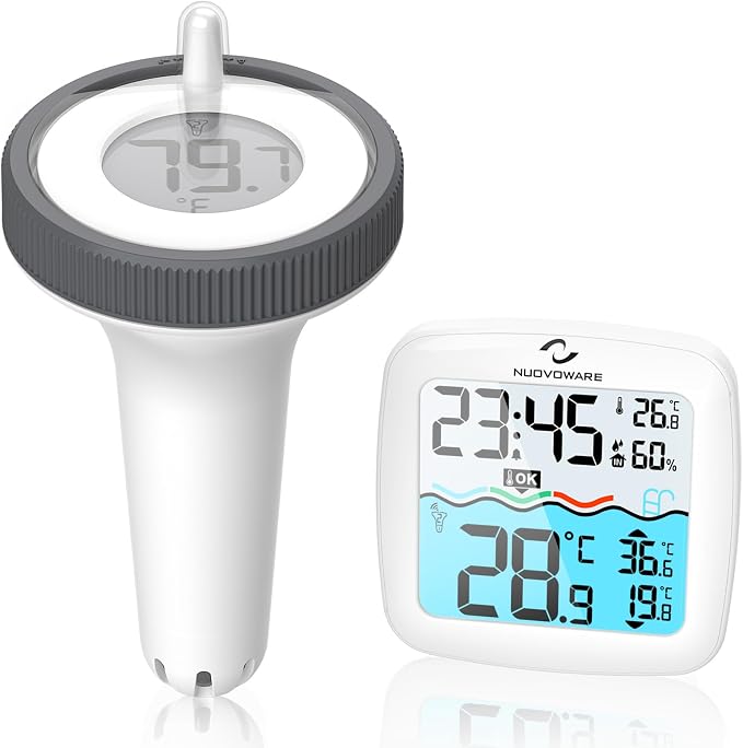 Nuovoware Digital Floating Pool Thermometer, Easy Read Screen Display | Wireless Thermometer, Remote Water IPX8 Waterproof for Swimming Pools, Fish Tank, Hot Tub