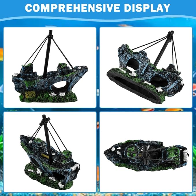 7pcs Fish Tank Decorations,Sunken Ship,Aquarium Artificial Plastic Plants | Aquarium Shipwreck x 1pc, Aquatic Plants x 6pcs,Goldfish Betta Fish Tank Accessories Small Large Fish Bowl Ornaments