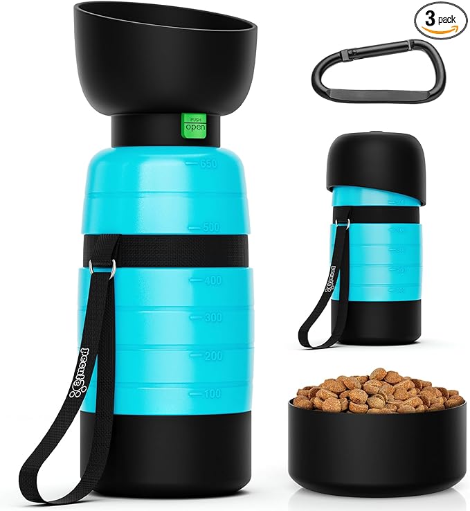 Pecute Upgraded 22 oz Dog Water Bottle with 5 oz Food Container, Portable Dog Travel Water Bottle Dispenser, Leakproof, BPA Free, Lightweight, Pet Water Bottle Bowl for Outdoor Walking Hiking Camping