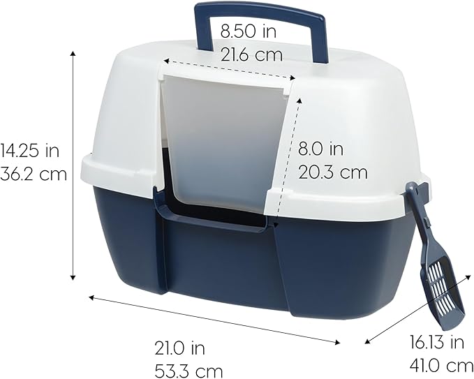IRIS USA Cat Litter Box - Enclosed Corner Litter Box with Scoop, Hooded Litter Tray for Corners, Space-Saving Covered Litter Box, Odor Defensive, Navy/White
