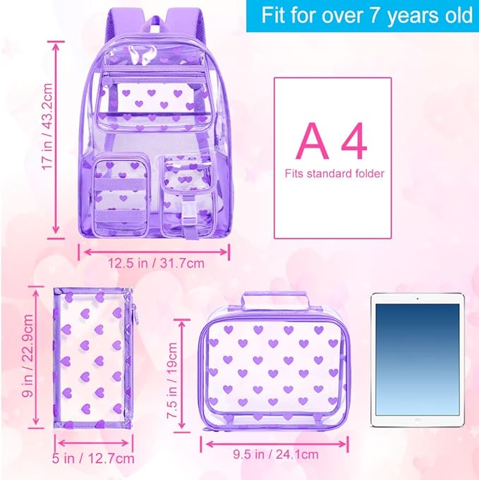 CCJPX 3Pcs Clear Backpack for Girls, School Transparent Bookbag, Heavy Duty See Through Backpacks for Teens Elementary