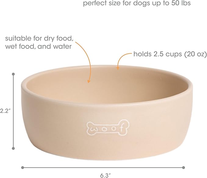 Pearhead Ceramic Dog Bowl – Neutral Taupe “Woof” Design, Holds 2.5 Cups, Non-Skid Stoneware Pet Feeding Dish, 20 oz, Medium