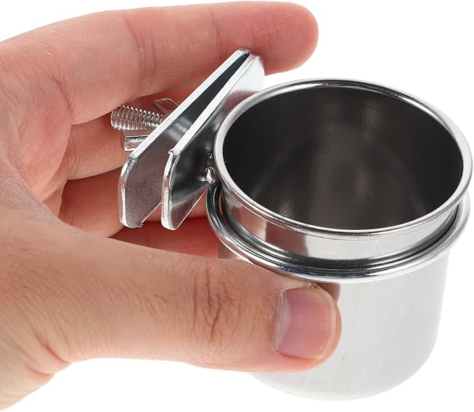 Abaodam 2pcs Stainless Steel Parrot Feeder Bowls with Clamp Holders, Cage Hanging Coop Cups 4.4cm and 5.5cm for Cockatiel Budgie Parakeet Bird Cage Feeding Supplies