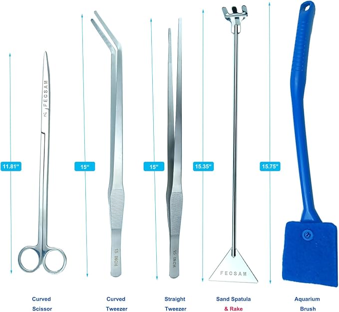 Aquarium Aquascape Tools Kit, 15 inch Stainless Steel Includes Brush, Tweezers/Feeding Tongs, Scissors, Spatula, Algae Scraper, Rake, for Fish Tank Cleaning Scrubbing, Trimming