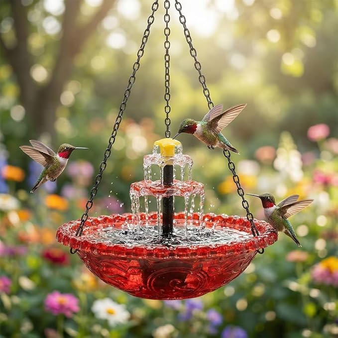 Solar Hanging Bird Bath with Fountain Cascade, Solar Powered Cascade Hanging Bird Bath Fountain with Solars Pump,for Outdoor and Gardens (Red)