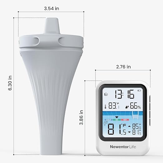 Pool Thermometer Floating Easy Read, Digital IPX8 Swimming Pool Thermometer Wireless, Water Temperature Gauge with Indoor Temperature, Floating Thermostat for Hot Tub/Fish Tank, Grayish White