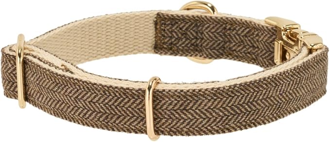 Luxury Soft Cotton Tweed Fabric Dog Collar & Leash Set with Gold Buckle – Durable Fabric, Stylish Design for Everyday Walks(Large Coffee)