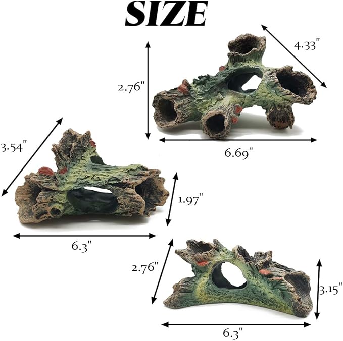TIHOOD 3PCS Decaying Trunk Aquarium, Betta Fish Ornament, Freshwater Decoration - Resin Log With Holes and Caves for Fish Tank