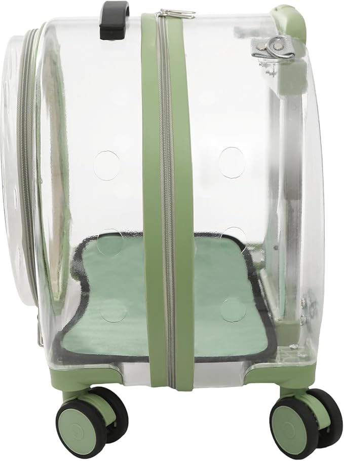 Cat Carrier with Wheels, Breathable Cat Rolling Carrier with Telescopic Handle, Bubble Cat Backpack Carrier, Clear Pet Travel Bag for Small Dogs Pets, up to 19lbs, 15.7" x 10.6" x 17.7" (Green)