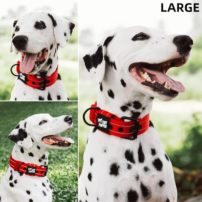 Tuff Pupper Heavy Duty Tactical Dog Collar | 1.5" Wide Ballistic Nylon | Reflective Stitching | Integrated ID Tag Holder | Stainless Steel Buckle | Padded Lining | Medium & Large Dogs (Red, Large)