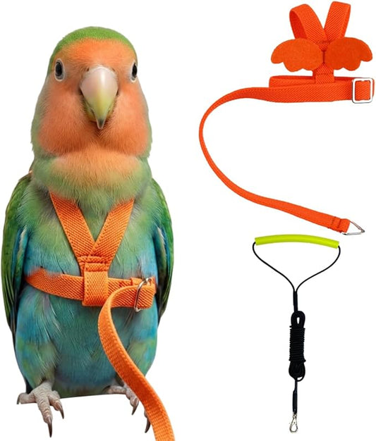 Adjustable Bird Harness with Elastic Leash, Pet Parrot Harness and Leash, Adjustable Training Design Anti-Bite, Bird Nylon Rope with Cute Wing for Conure (Orange,S)